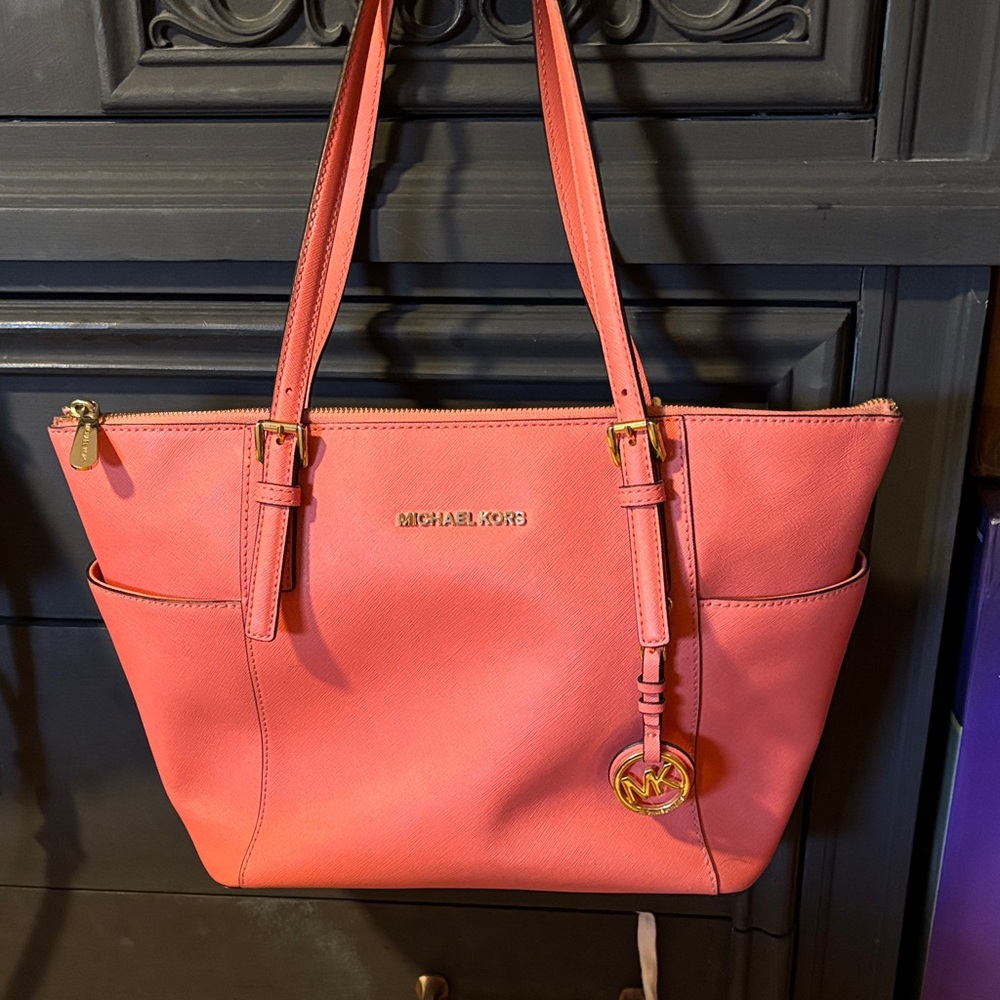 USED Michael Kors Coral Pink Saffiano Leather Tote